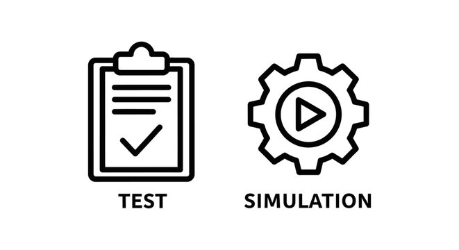 Task verification checklist and digital simulation process icons with checklist simulation clipboard verification assurance development software engineering technology analysis