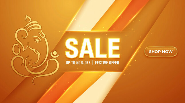 Premium Ganesh festival sale banner with elegant Lord Ganesha artwork for festive retail promotion