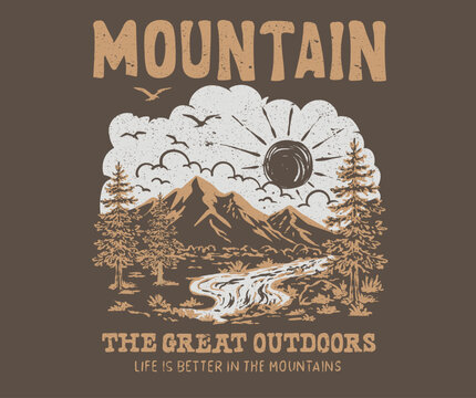 The great outdoor. Mountain camping artwork. Mountain adventure vintage print design for t shirt and others. National park graphic artwork for sticker, poster, background.