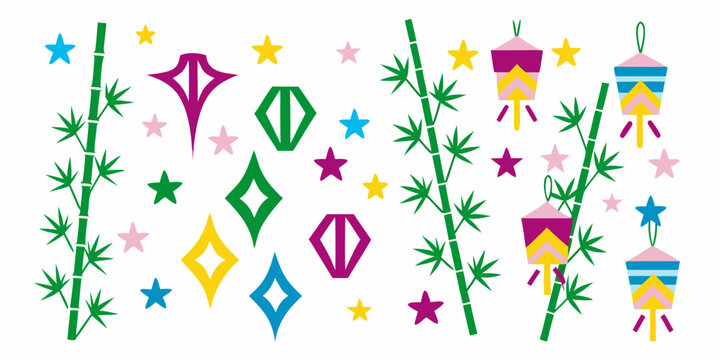 Japanese Star Festival Elements With Bamboo Branch Vector Illustration
