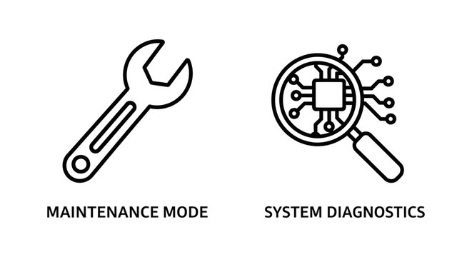 Maintenance mode and system diagnostics black linear vector icons set with maintenance diagnostics magnifying analysis technology hardware software computer processor minimalist