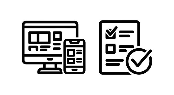 Digital device compatibility and task checklist icon set with computer smartphone checklist checkmarks responsive interface business planning management productivity development