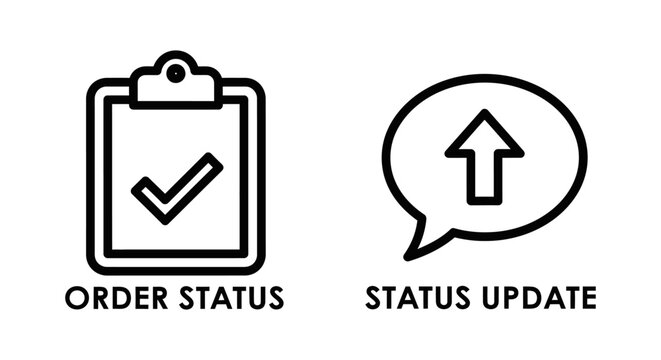Order status checklist and status update notification icons with checklist clipboard business logistics management delivery tracking approved monochrome isolated minimalist
