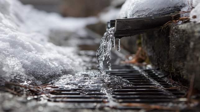 Water flowing from a drain surrounded by melting snow in winter. Snow melting into gutter drain