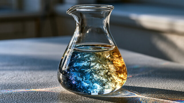 Micro-filtered mineral water in laboratory flask showing suspended total dissolved solids under polarized macro light, crystal mineral particulates refracting into spectral micro-prisms within optic