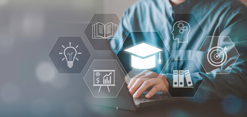 E-learning concept with graduation cap and light bulb icons over laptop. Online education, professional skills training, creative thinking and corporate knowledge development for career.