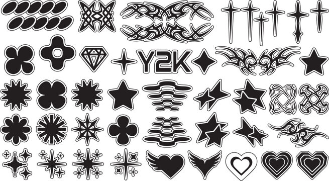 Y2K Abstract Icons Tribal Shapes Hearts and Stars Vector Bundle