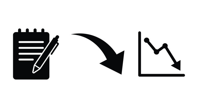 Calendar with pen downward arrow and declining graph icons on a white background