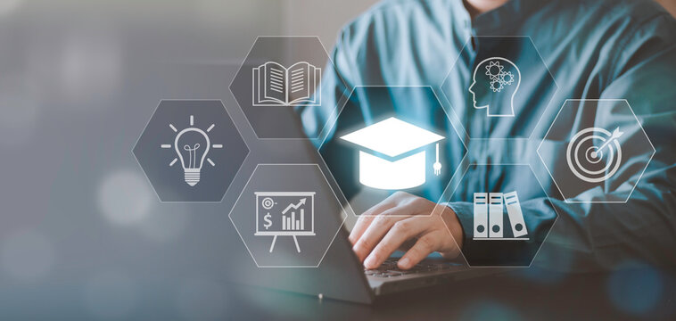 E-learning concept with graduation cap and light bulb icons over laptop. Online education, professional skills training, creative thinking and corporate knowledge development for career.