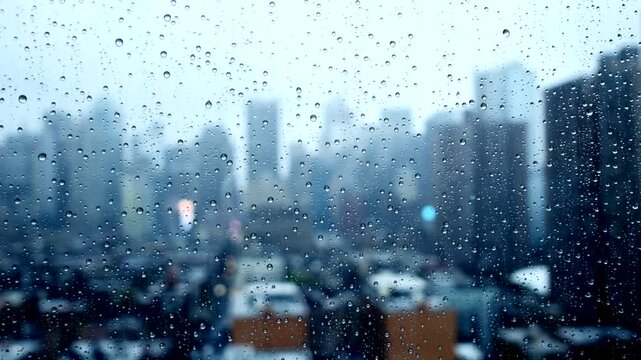 Close-up view of raindrops on a glass window during a rainy day, creating an atmospheric background with soft reflections and blurred city lights.