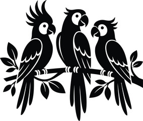 Fototapeta premium A elaborate black and white structure rendering featuring three parrots perched on a branch.