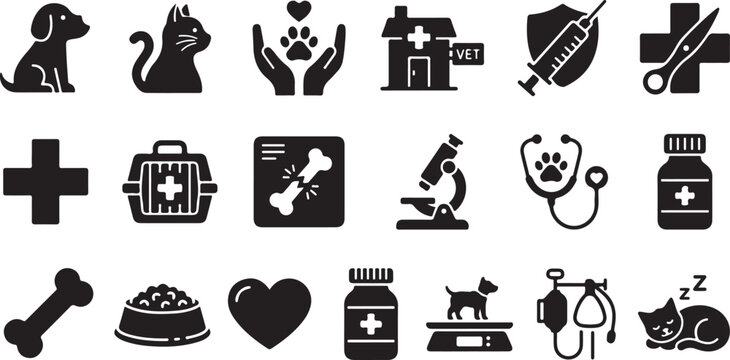 Essential veterinary clinic and pet medicine solid vector icons collection