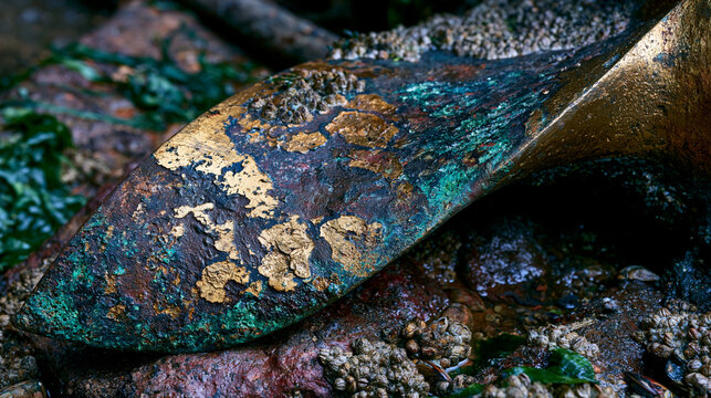 Steel ship propeller blade detail dry dock, manganese bronze casting surface, cavitation erosion pitting on pressure face, barnacle acorn cirripedia attachment scars, sharp leading edge contrast to 