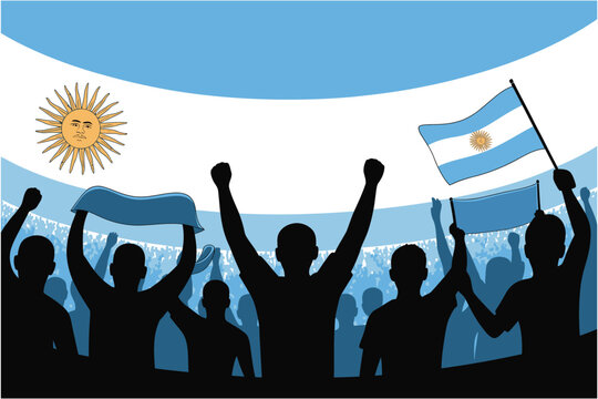 Argentina soccer fans cheering in stadium with flags and banners, energetic crowd in silhouette style on white background