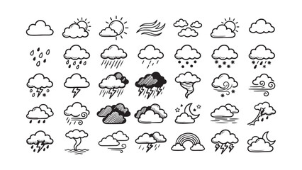 Fototapeta premium Hand Drawn Weather Icon Set with Clouds Sun and Rain