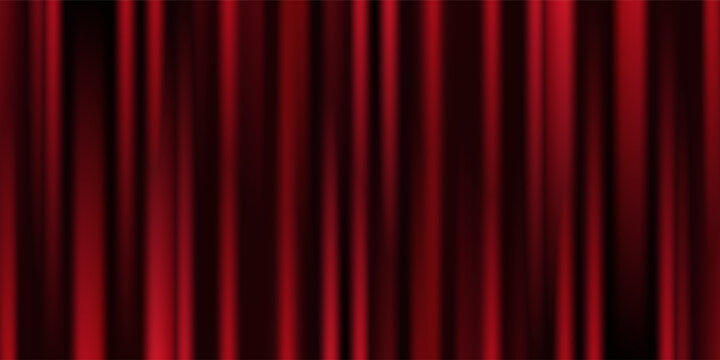 Red velvet curtain background. Closed curtains wallpaper for theater stage or cinema, circus. Red fabric drapery backdrop for award, show, performance. Velvet textile room scene banner concept. Vector