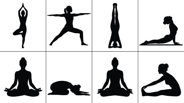 Yoga poses silhouette set featuring woman practicing meditation mindfulness stretching cobra pose tree pose headstand and lotus positions isolated on white background