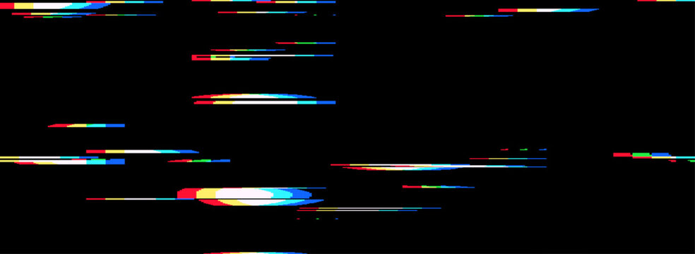 Glitch noise and pixel effect on vintage tv screen. Vhs pattern digital background for retro video game design. Neon font light lines through camera lens create textured backdrop.
