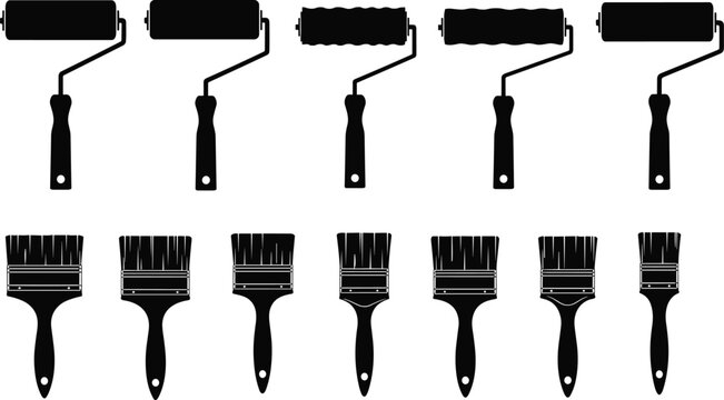 Large collection of paint roller and brush silhouettes vector set featuring wall renovation tools and construction equipment isolated on white background for repair design.