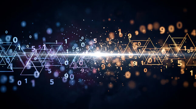 Abstract digital background featuring glowing geometric triangles and streaming binary code numbers in dark space