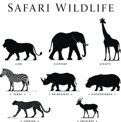 Fototapeta premium Safari Wildlife Animal Silhouette Set Lion Elephant Giraffe Zebra Rhinoceros Hippopotamus Cheetah Antelope Vector