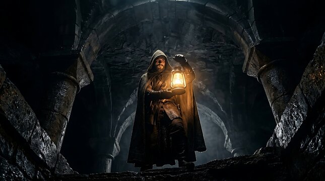 Man in hooded cloak holding lantern in dark stone dungeon