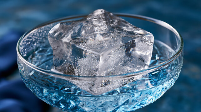 Artisan cocktail ice block carved into perfect rectangular form resting in a coupe glass, sub-zero surface displaying internal nitrogen bubble trails and crystalline fault lines, condensation formin