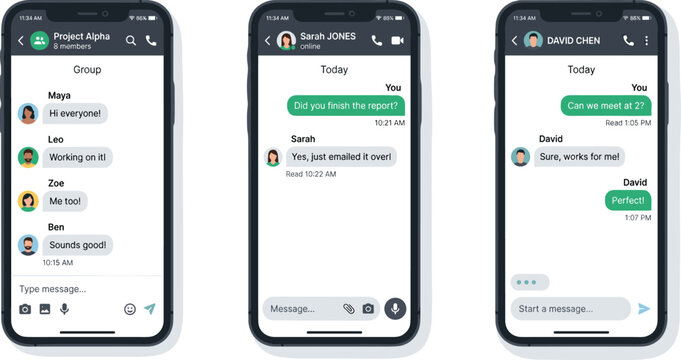 Mobile smartphone messenger interface mockup vector illustration featuring chat bubbles user profiles list and online messaging templates.