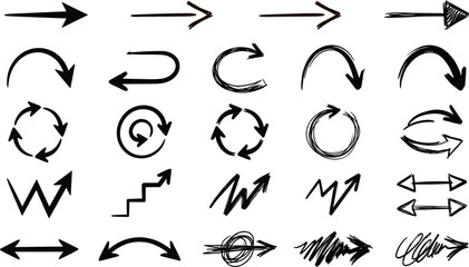 Hand drawn black arrow vector icon set featuring scribble circle curve straight and zigzag pointer lines illustration. © Rakib