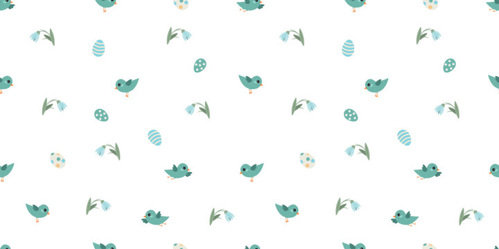 Seamless vector pattern with teal cartoon birds, decorated Easter eggs, and white snowdrop flowers on a light gray background in flat design style.