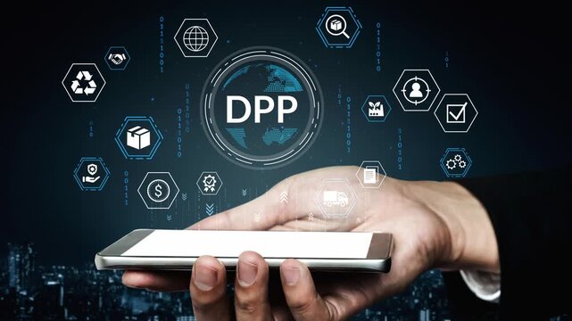 Hand Holding Smartphone with Digital Technology Icons and DPP Concept in Dark Background Representing Digital Innovation and Modern Communication. Entropy.