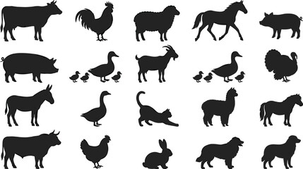 Fototapeta premium Farm animal silhouette vector icon set featuring cow horse sheep pig goat rooster duck and alpaca shapes isolated.