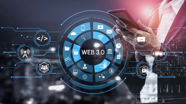 Modern Concept of Web 3.0 Technologies with Digital Icons and Businessman Holding Smartphone at Night City Landscape Background. Entropy.