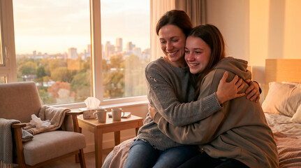 Obraz premium Mother hugging teenage daughter near window bedroom realistic photo
