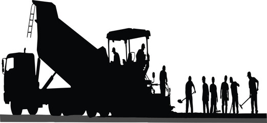 Road construction site silhouette, asphalt paving machine with dumper truck, industrial workers crew laying tar, infrastructure engineering repair process. © RABBI