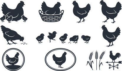 Chicken hen silhouette vector icon set featuring brooding birds chicks farm emblems and weather vane isolated on white. © Rakib