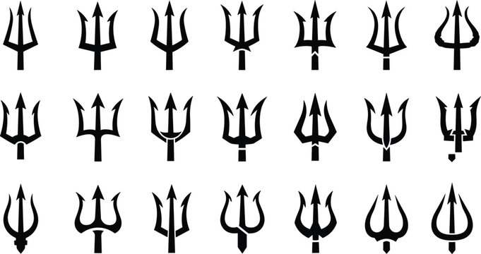 Large collection of black trident silhouettes vector set featuring ancient sharp weapons and devil pitchforks isolated on white background for heraldry design logos.
