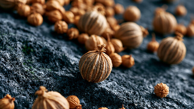 Coriander seeds scattered across a dark basalt grinding stone in an organic diagonal drift, spherical ribbed husks casting elongated shadows under raking sidelight, Coriandrum sativum botanical deta