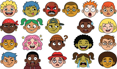 Fototapeta premium Cartoon character avatar icon vector set featuring diverse people faces with various emotional expressions on white background.