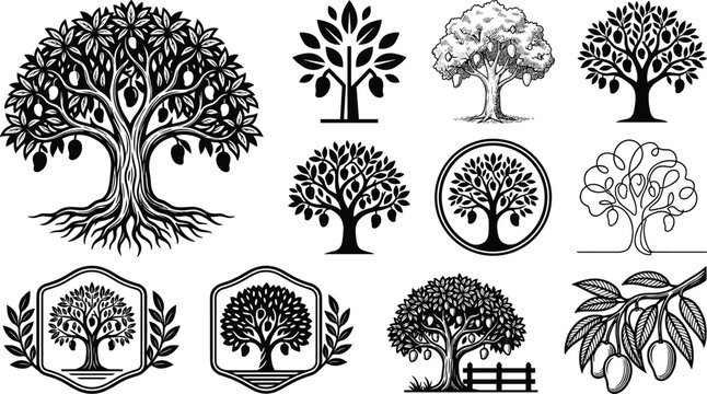 Black mango tree vector icon set with leaves roots emblems and badges isolated on white background.