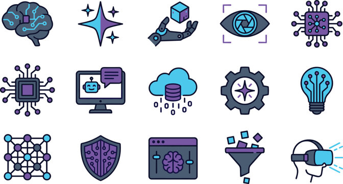 Artificial intelligence vector icon set featuring neural networks machine learning cloud computing cyber security and virtual reality elements.