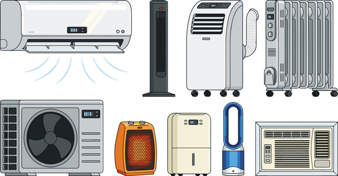 Air conditioner and heater vector icon set featuring split system portable cooling units and electric radiators collection.