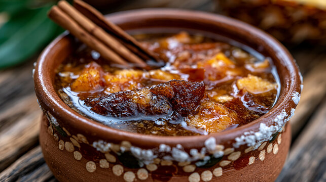 Fermented tepache pineapple rind brew in a clay olla vessel, dried cinnamon quill and piloncillo sugar cone partially dissolved in the fermenting liquid, clay vessel exterior showing salt effloresce