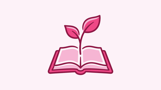A pink book with a plant growing out of it on a light pink background
