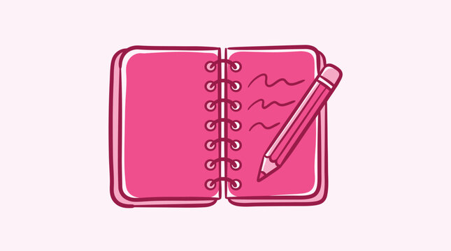 A pink spiral notebook with a pencil on top for writing or drawing on a light background