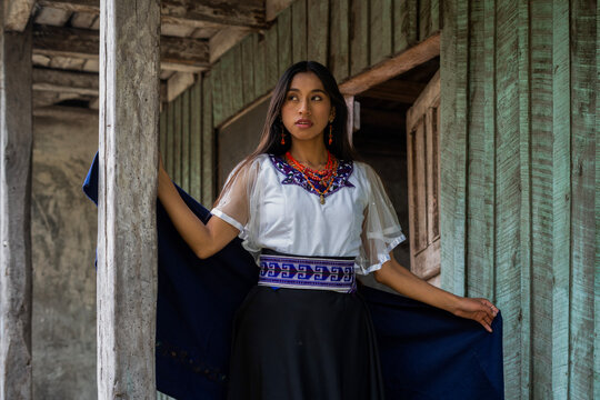 Indigenous kichwa woman showing traditional otavalo clothing culture