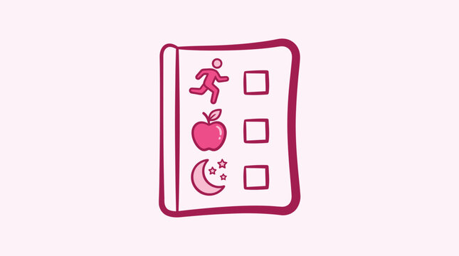 A pink checklist with icons for exercise, healthy eating, and sleep on a light pink background