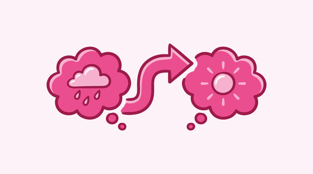 A pink thought bubble with a rain cloud transforms into a sunny flower