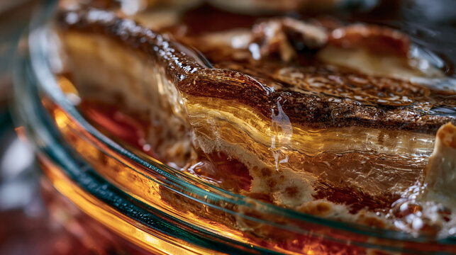 Gelatinous kombucha SCOBY pellicle floating at fermentation jar brim, symbiotic culture surface displaying layered cellulose biofilm structure with acetobacter colony patterning visible at extreme c