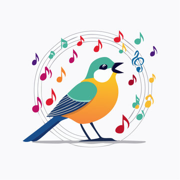 Illustration of a singing bird with colorful musical notes